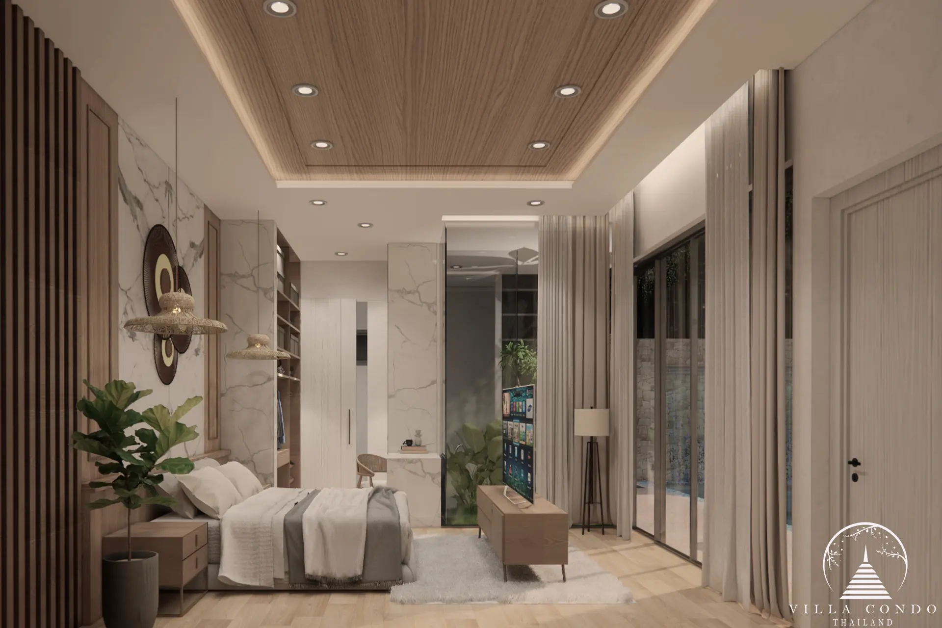 Luxurious bedroom at Unique Villa Kata with elegant decor and garden views.