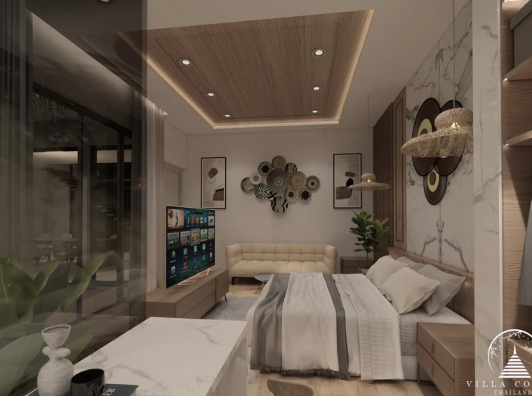 Luxurious bedroom at Unique Villa Kata with elegant decor and garden views.