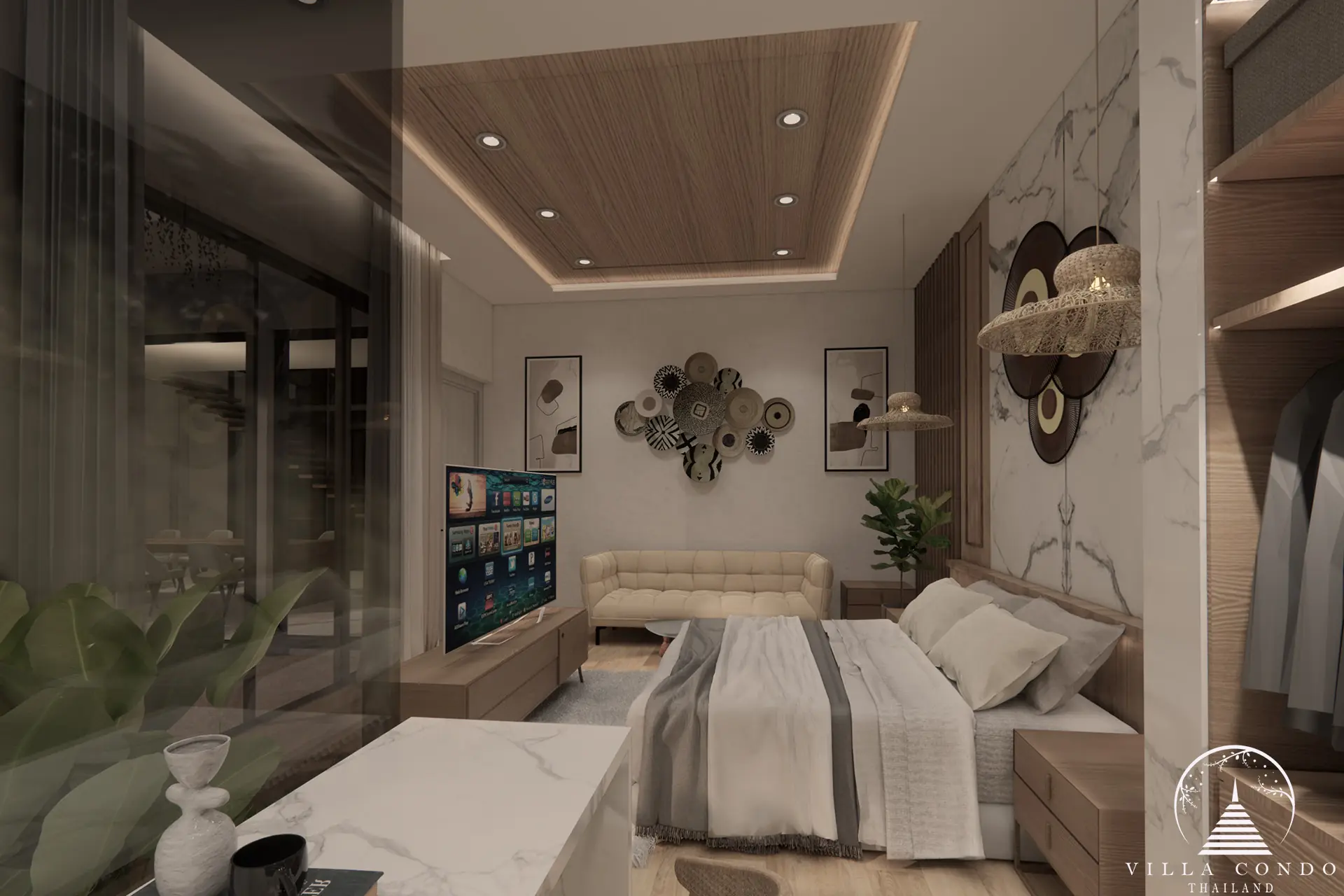 Luxurious bedroom at Unique Villa Kata with elegant decor and garden views.