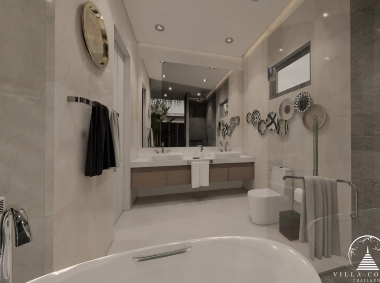 Elegant bathroom with a bathtub at Unique Villa Kata.