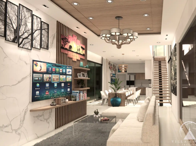 Open-plan living area with large windows at Unique Villa Kata.