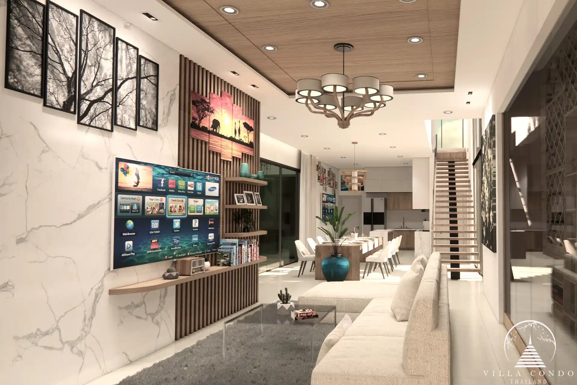 Open-plan living area with large windows at Unique Villa Kata.