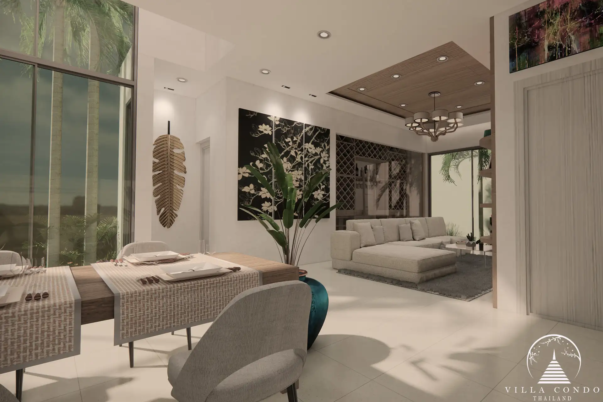 Open-plan living area with large windows at Unique Villa Kata.