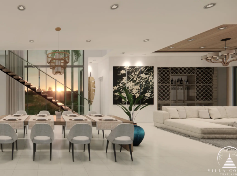 Elegant dining area at Unique Villa Kata with stylish decor and garden views.