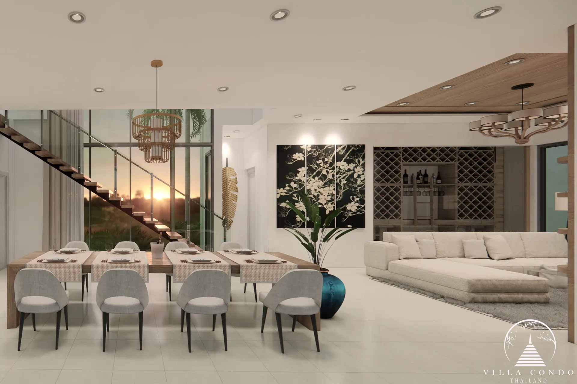 Elegant dining area at Unique Villa Kata with stylish decor and garden views.