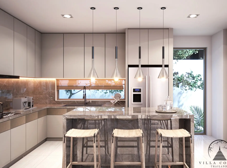 Modern kitchen with island in Vinzita Elite Residences.