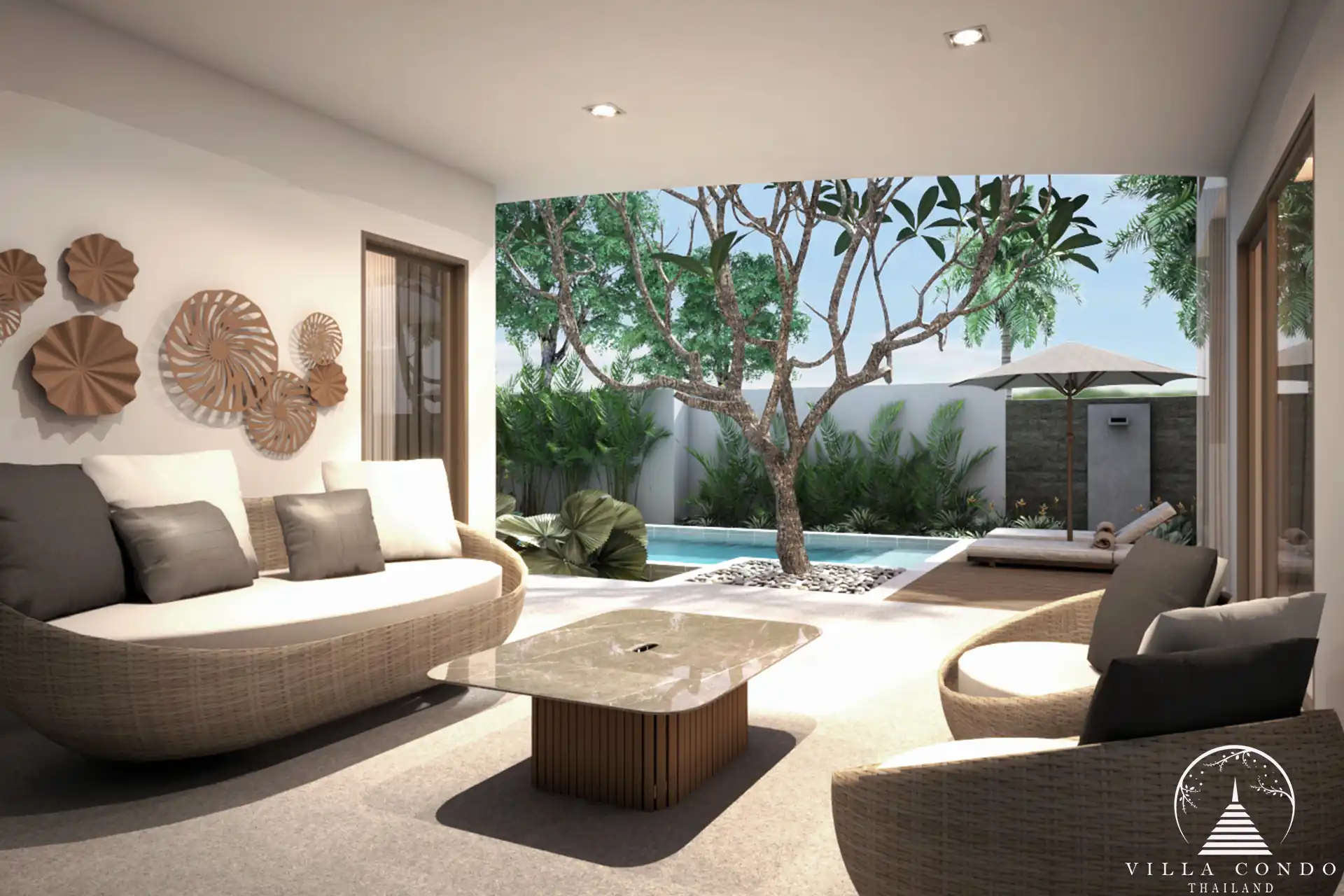 Outdoor living space at Vinzita Elite Residences with garden and poolside seating.
