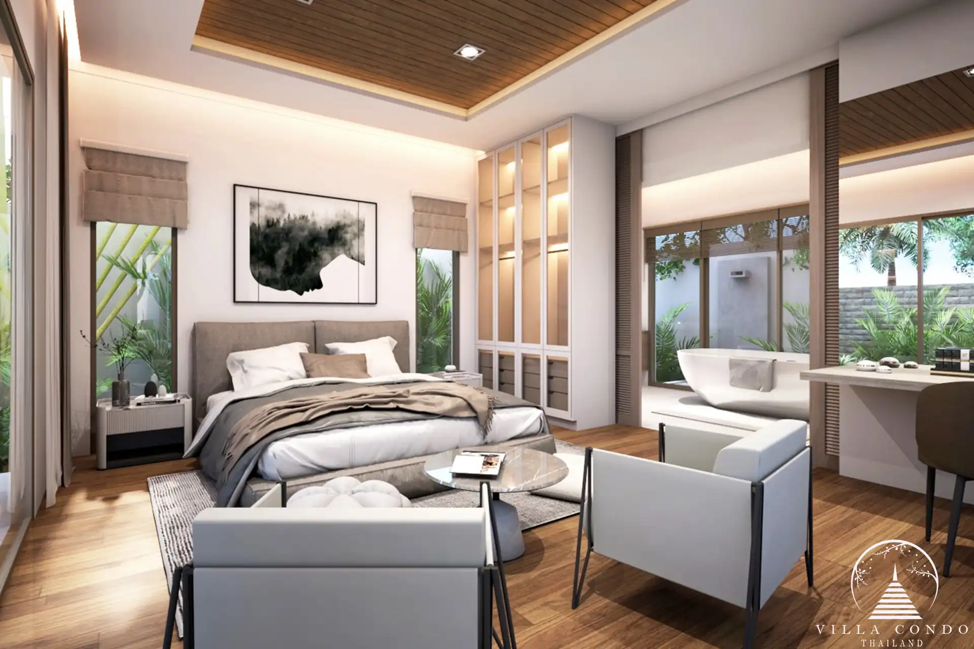 Spacious master bedroom at Vinzita Elite Residences with floor-to-ceiling windows and garden views.