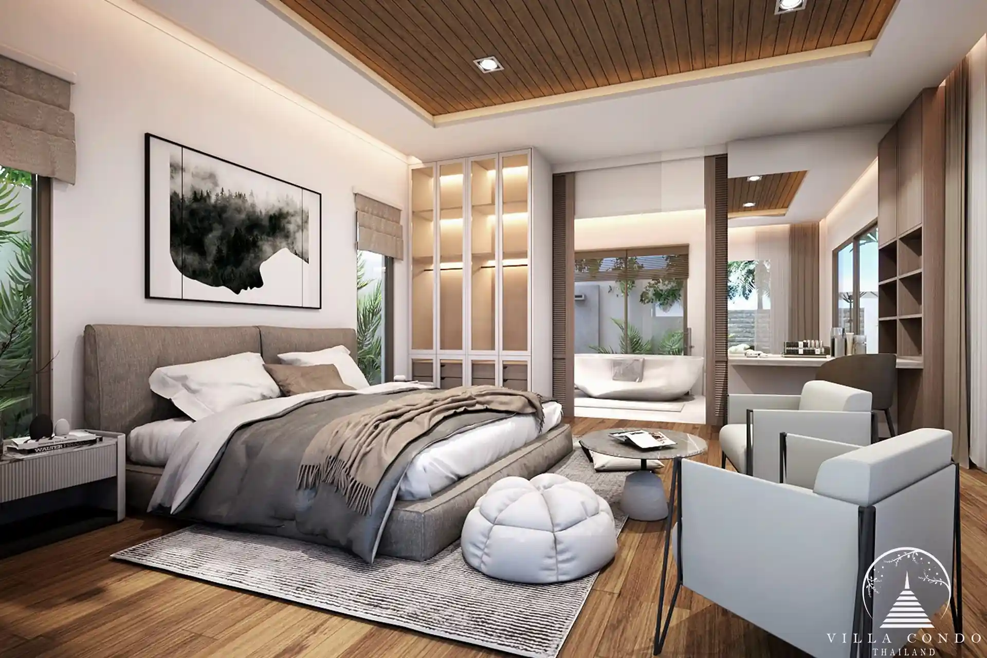 Spacious master bedroom at Vinzita Elite Residences with floor-to-ceiling windows and garden views.