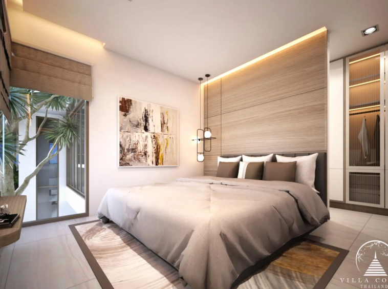 Luxurious bedroom in Vinzita Elite Residences with large windows and greenery views.