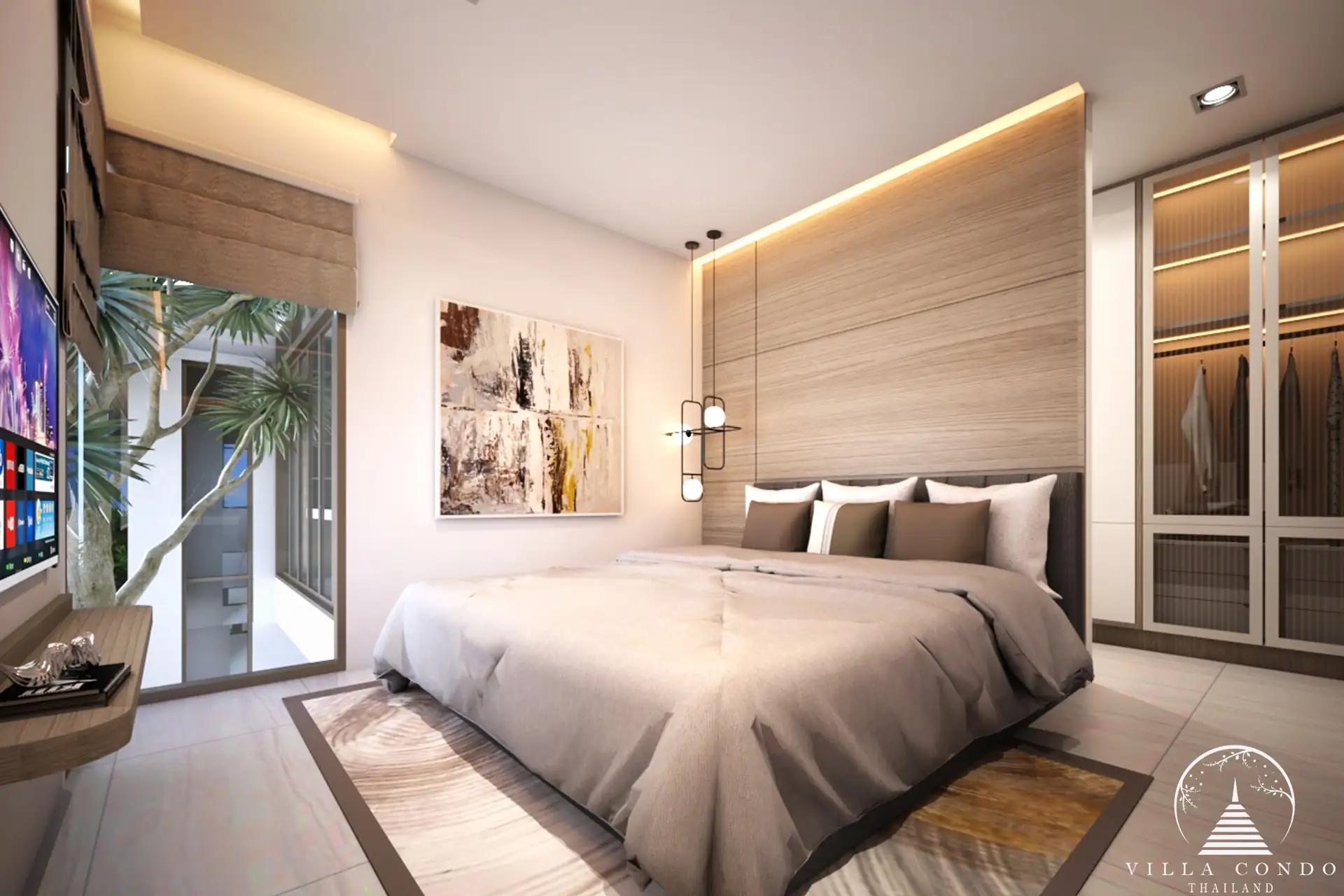 Luxurious bedroom in Vinzita Elite Residences with large windows and greenery views.