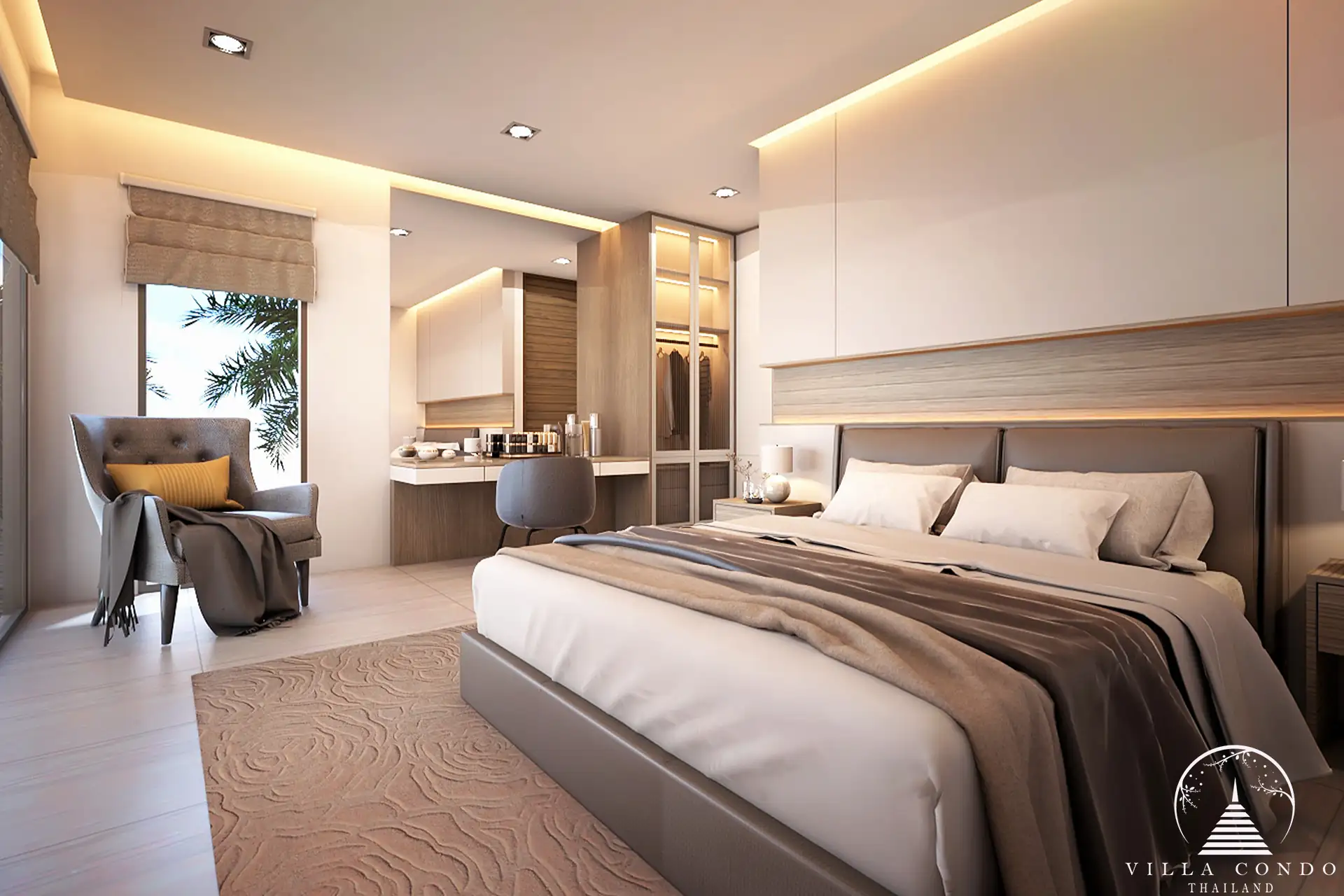 Luxurious bedroom in Vinzita Elite Residences with large windows and greenery views.