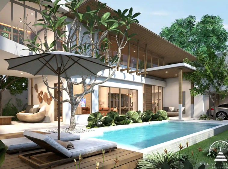 Private pool with sunbeds at Vinzita Elite Residences, surrounded by tropical greenery.