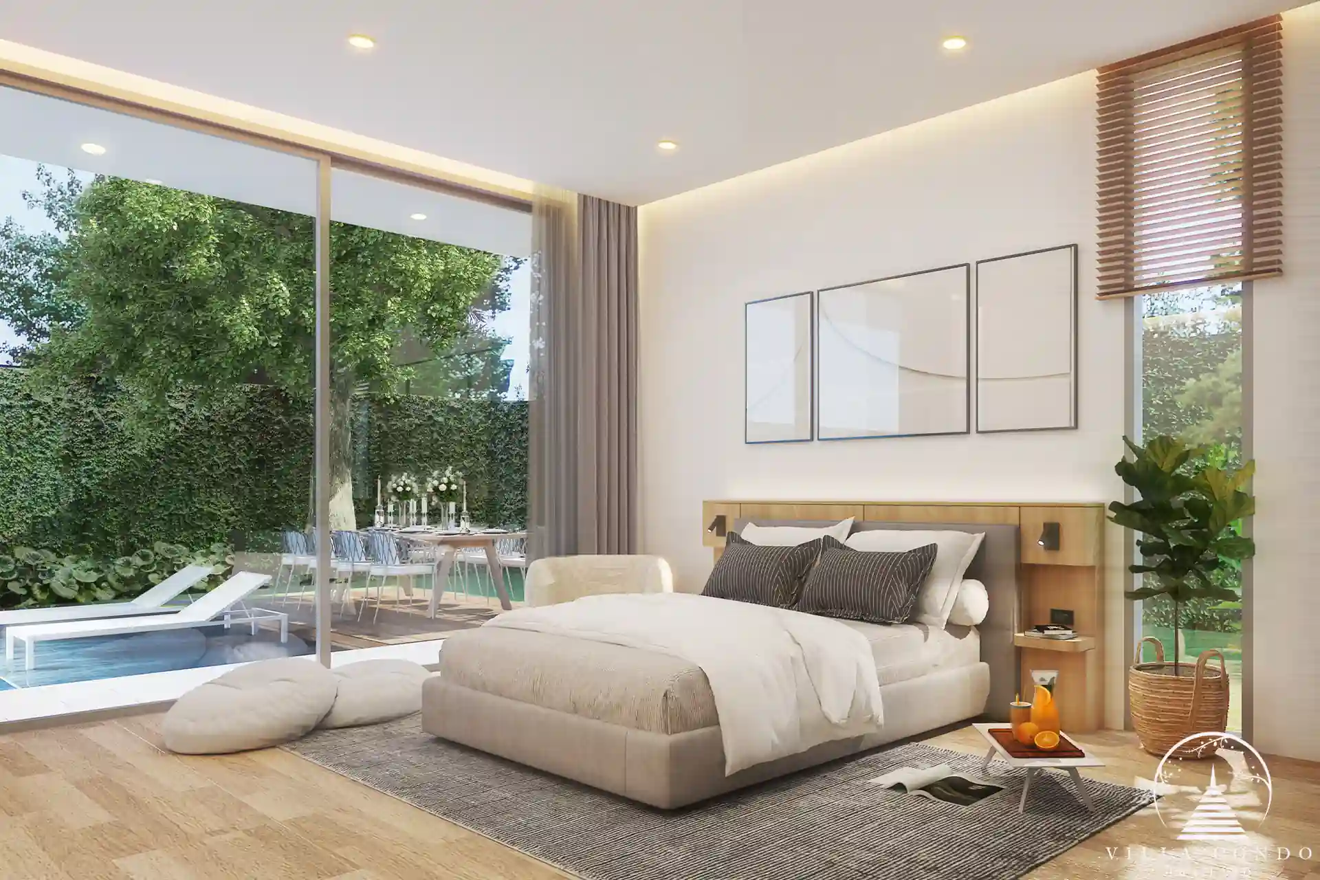 Bliss Hideaway master bedroom with large windows and elegant décor.