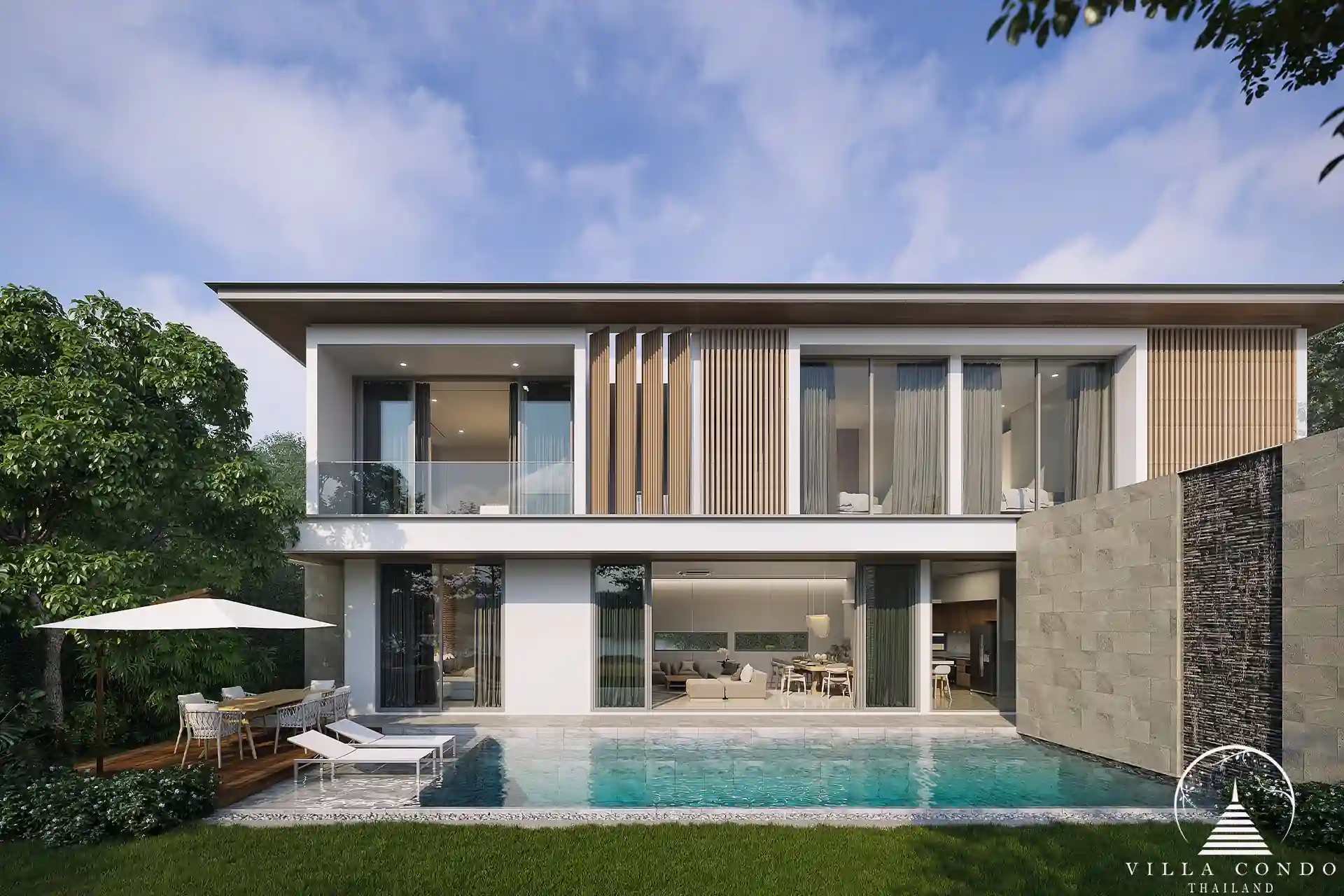 Bliss Hideaway exterior front view showcasing modern design and lush gardens.