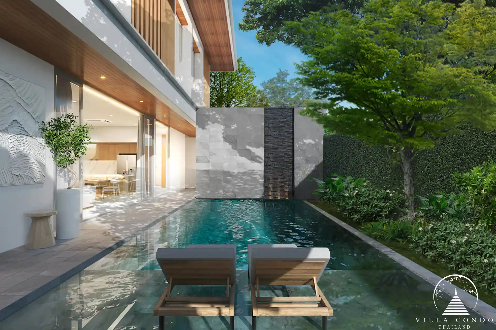 Bliss Hideaway private pool with sunbeds and lush surroundings.