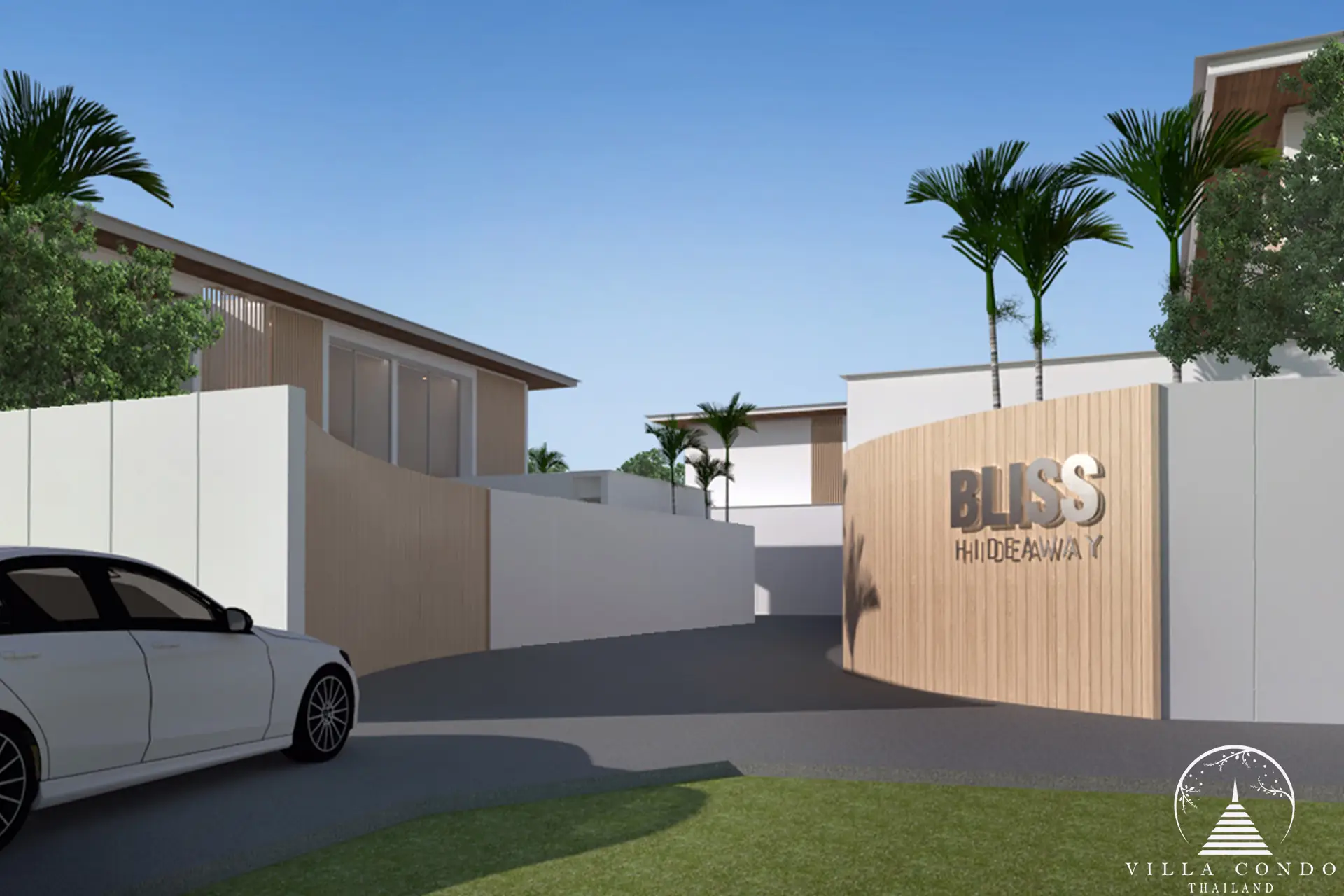 Bliss Hideaway entrance with gated access and lush landscaping.