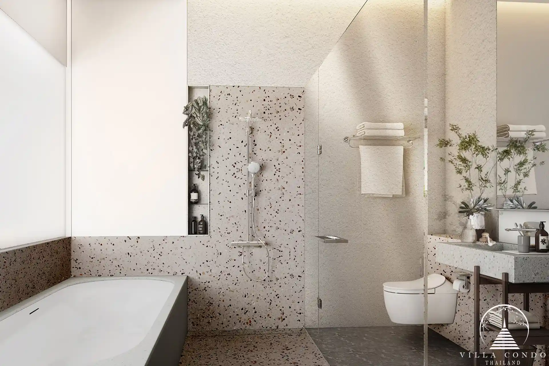 Modern bathroom in Villa Qabalah with natural light.