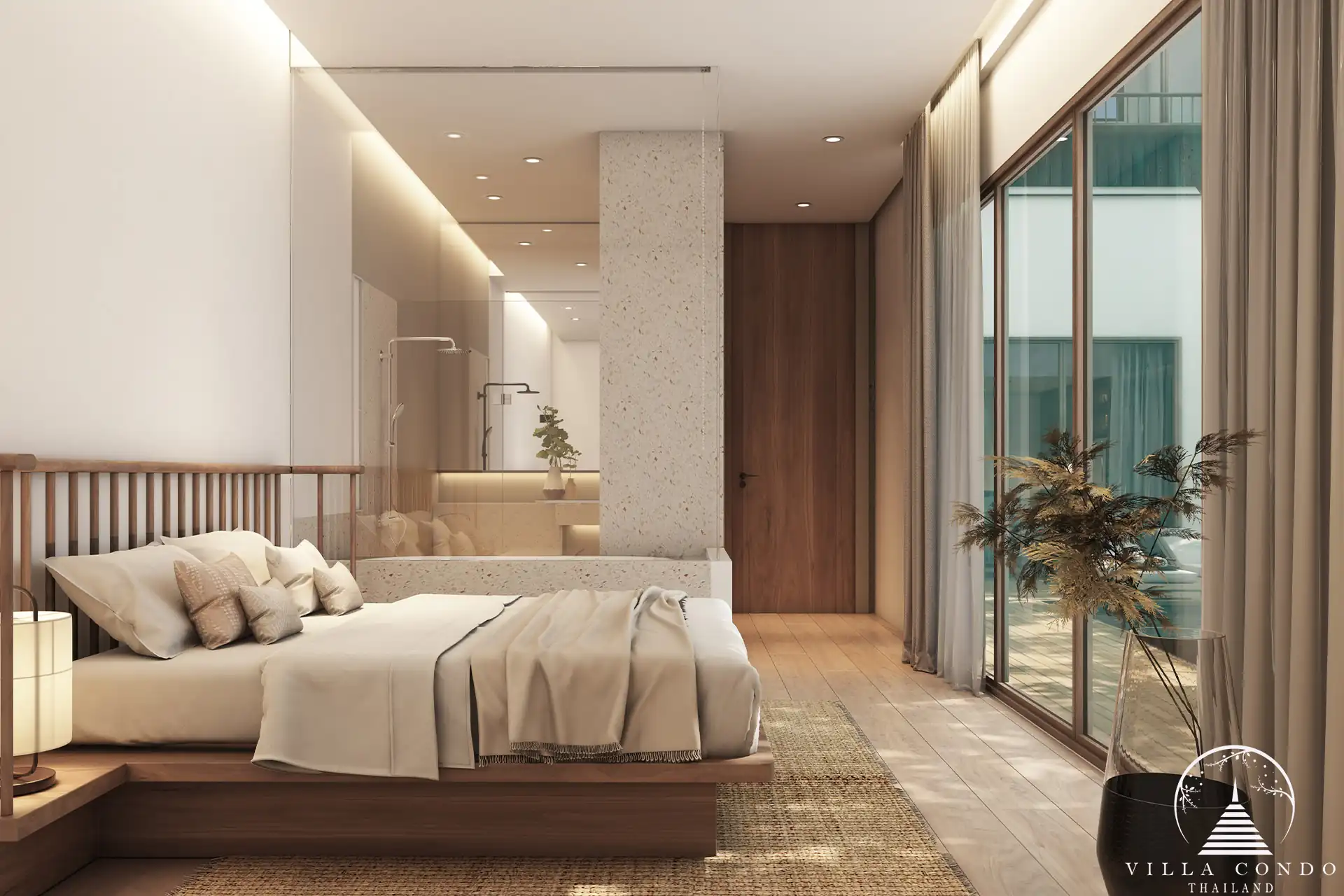 Luxurious bedroom in Villa Qabalah with nature views.
