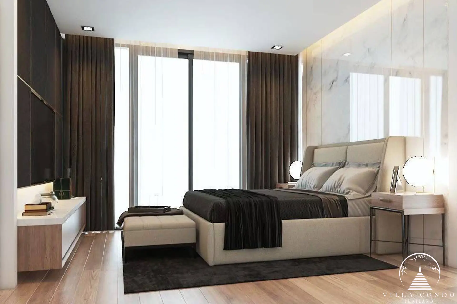 Master bedroom at Goldena Pool Villas with private balcony.