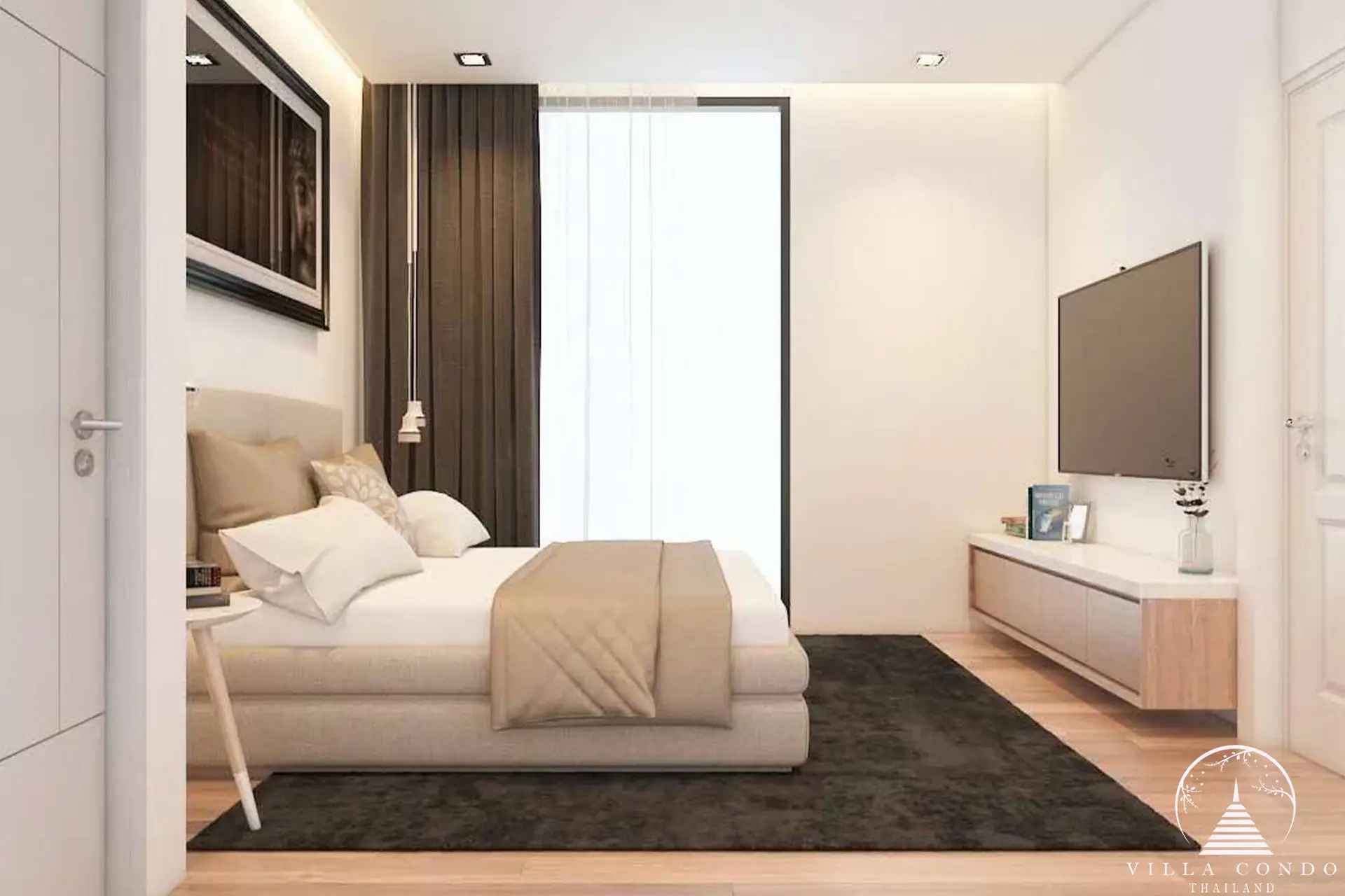 Bedroom in Goldena Pool Villas with balcony access.