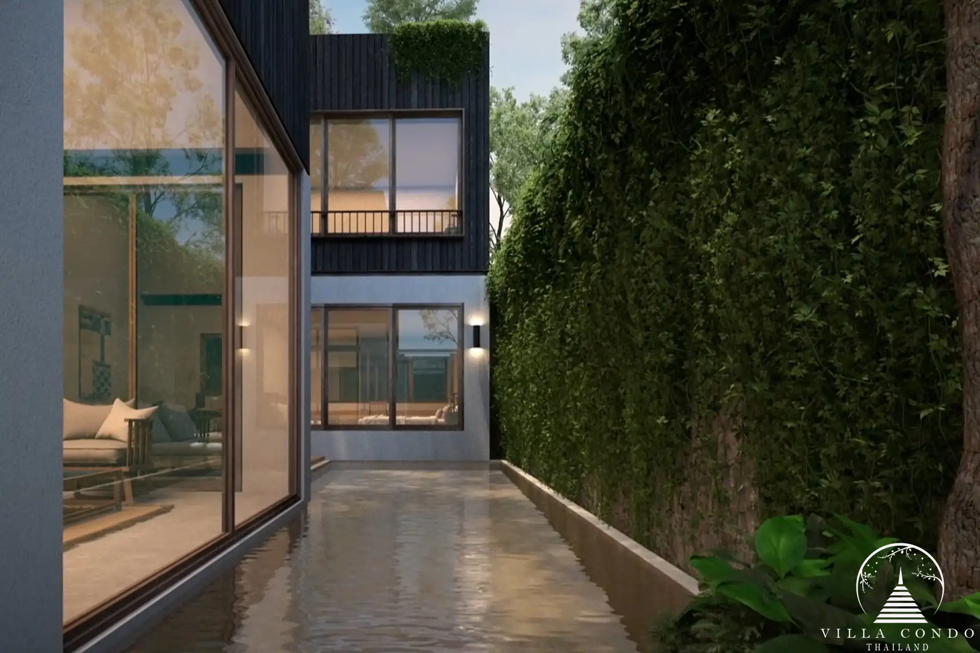 Villa Qabalah exterior view during the day, surrounded by greenery and natural elements.