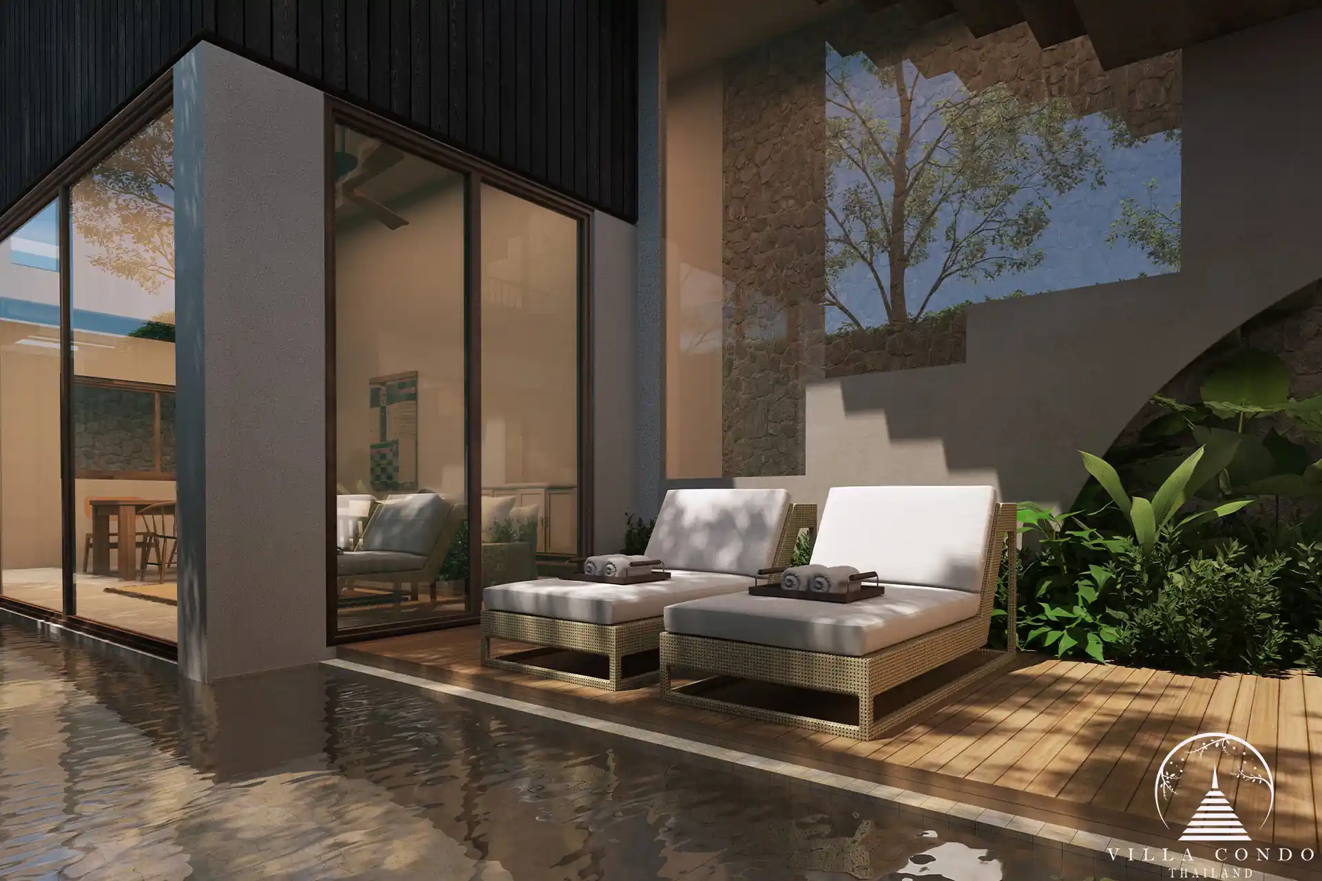 Relaxing sunbed area by the pool at Villa Qabalah.