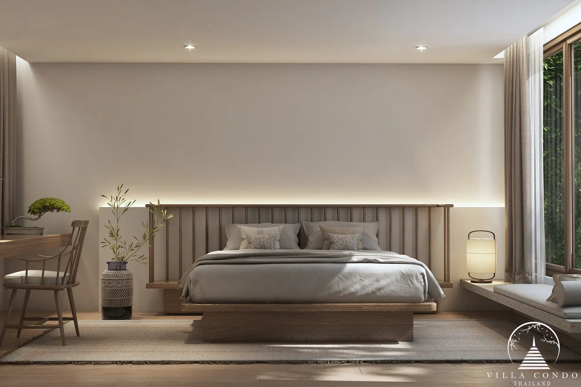 Luxurious master bedroom at Villa Qabalah with panoramic nature views.