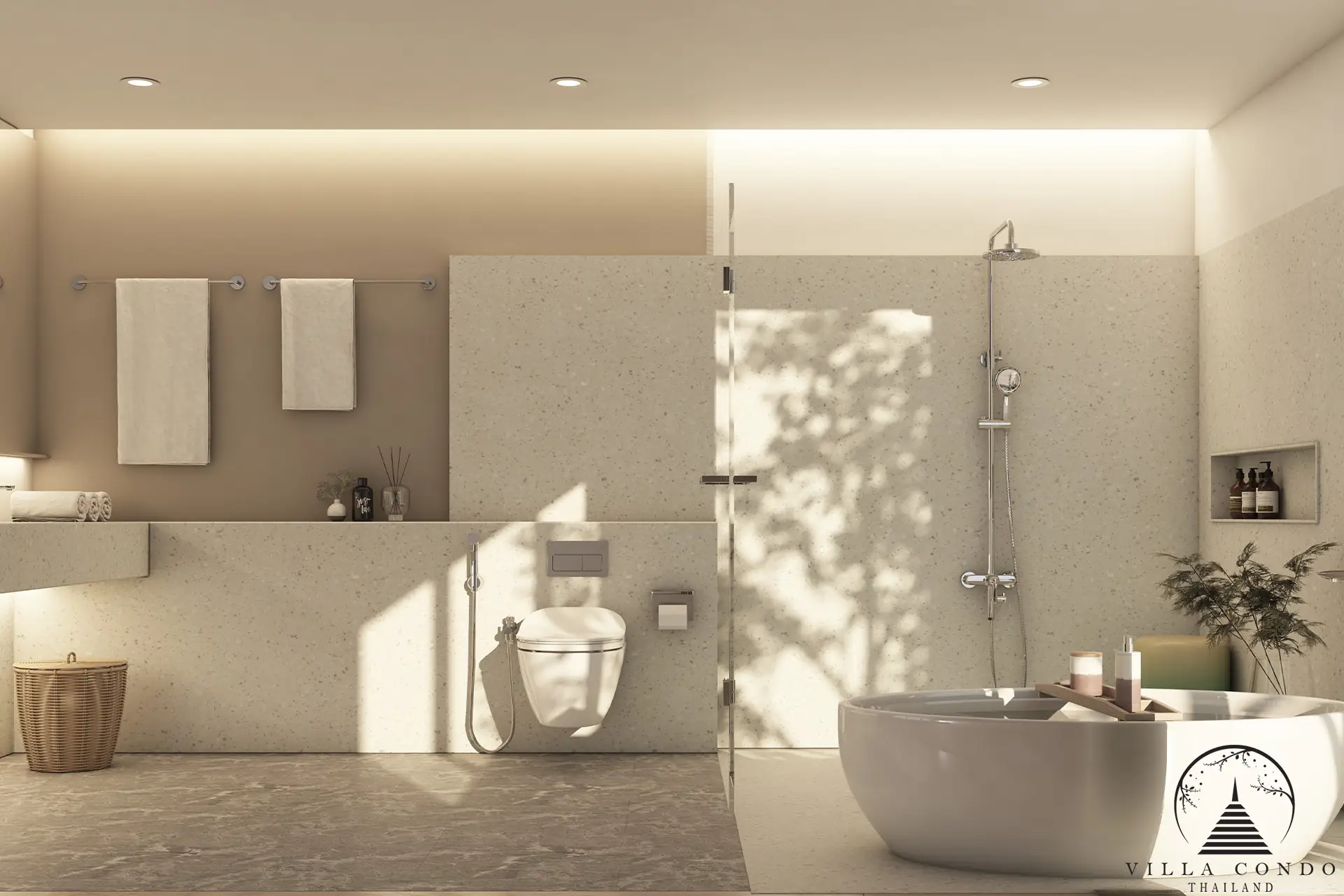 Modern and eco-friendly master bathroom at Villa Qabalah.