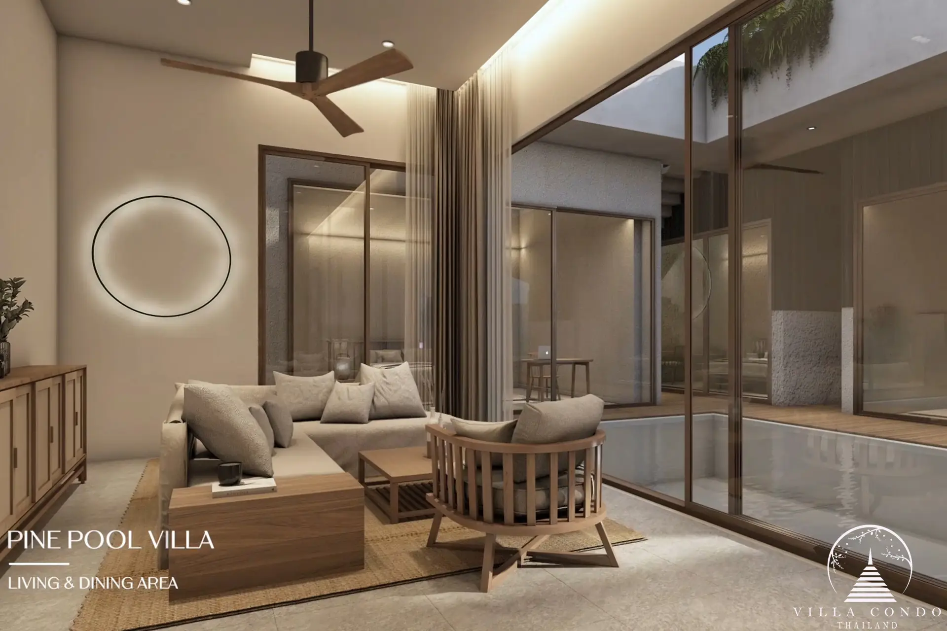Spacious living area in Villa Qabalah with nature views.