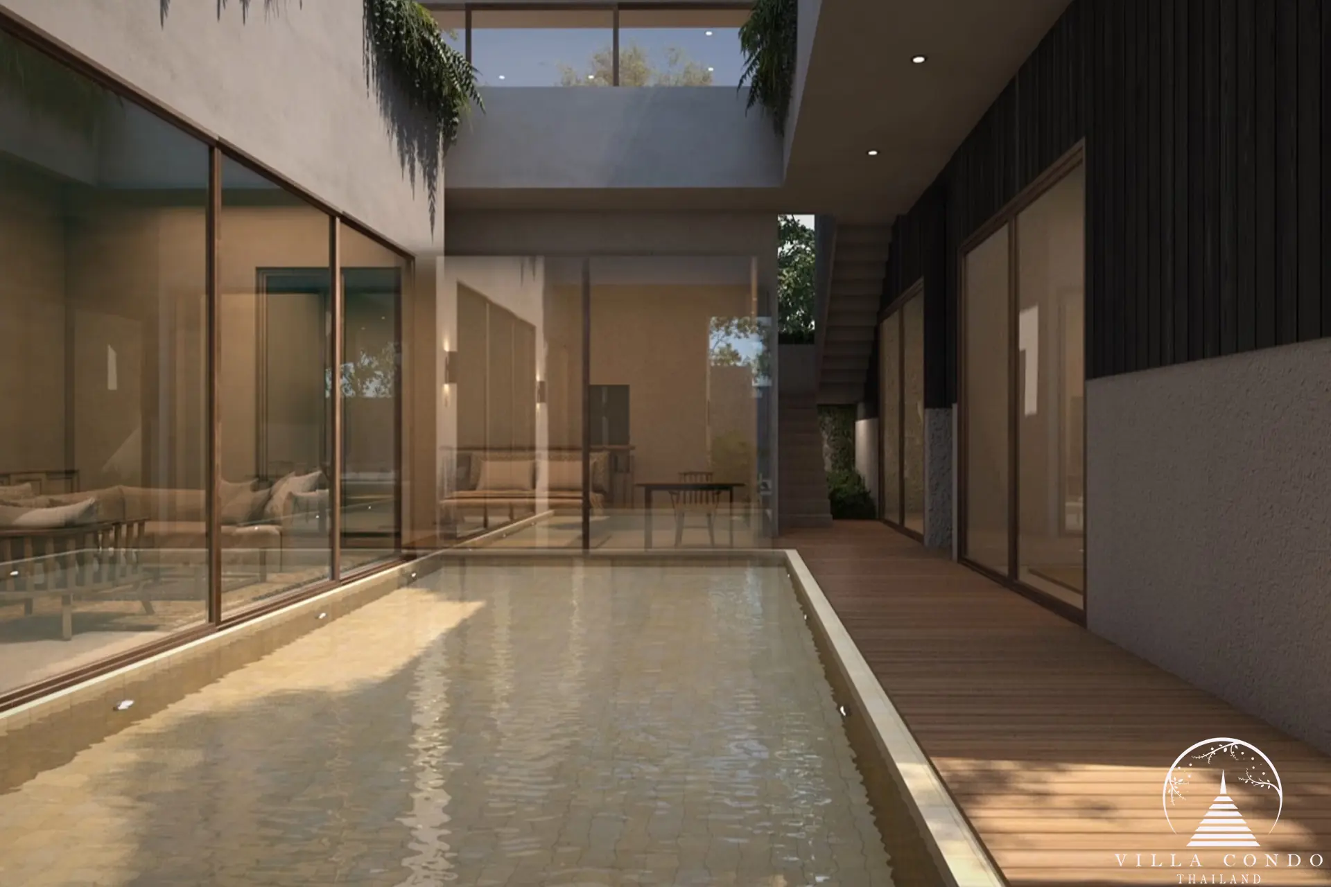 Private mineral pool at Villa Qabalah surrounded by lush greenery.