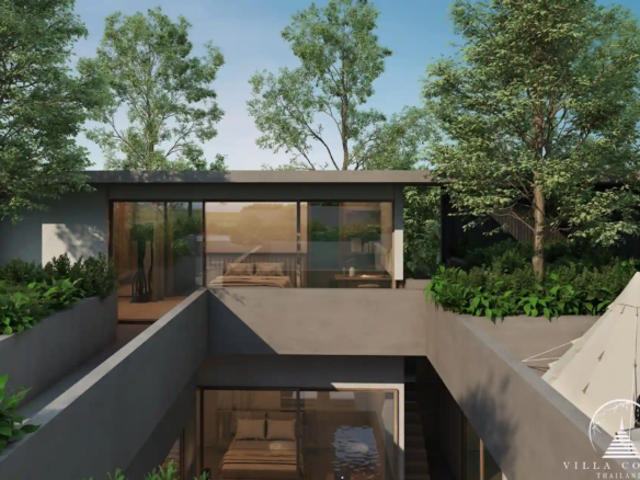 Villa Qabalah exterior view during the day, surrounded by greenery and natural elements.