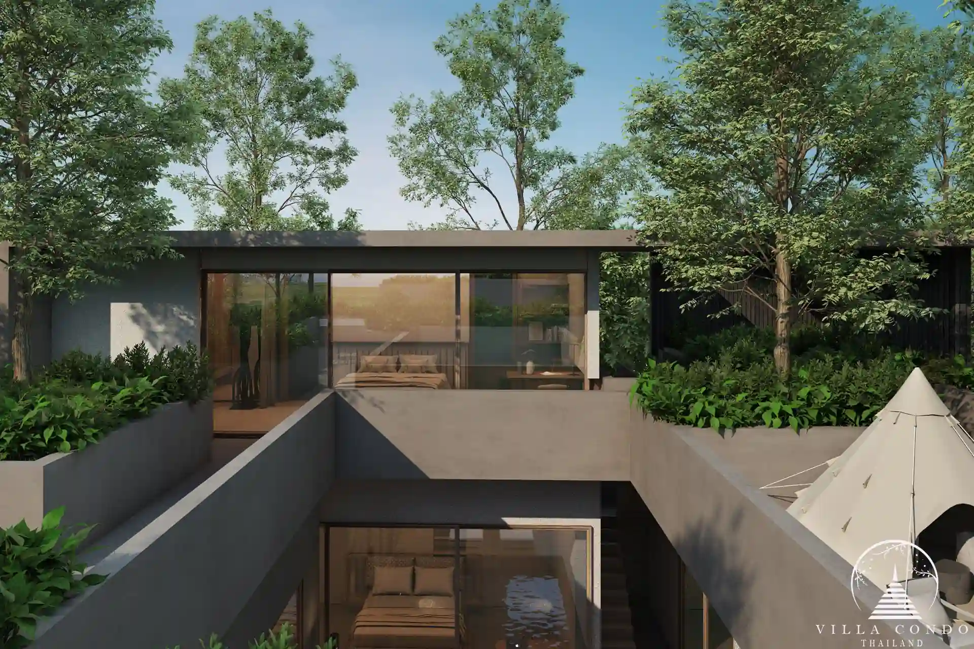 Villa Qabalah exterior view during the day, surrounded by greenery and natural elements.