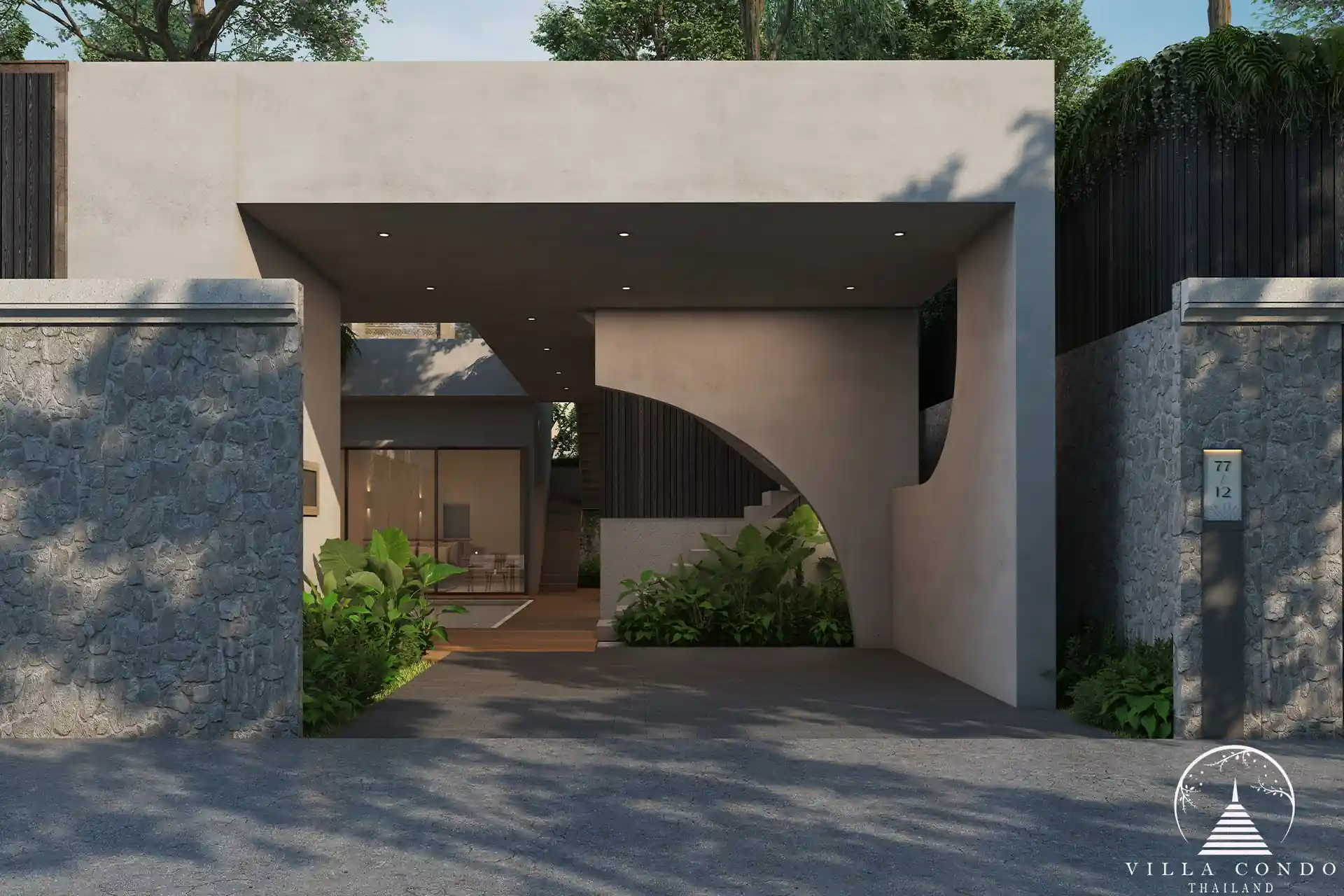 Villa Qabalah entrance surrounded by trees and greenery.