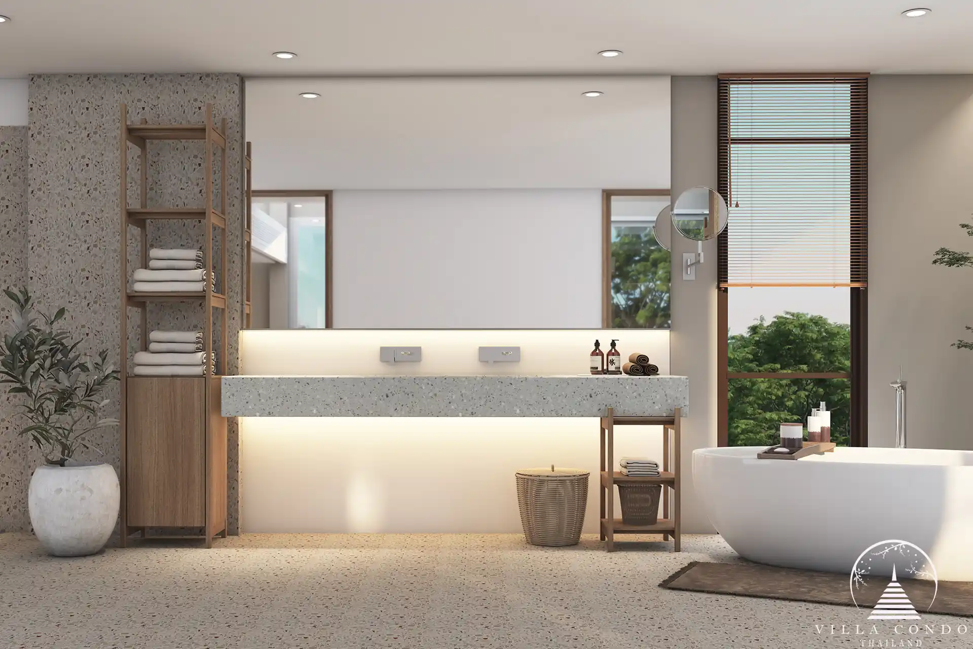 Modern and eco-friendly master bathroom at Villa Qabalah.