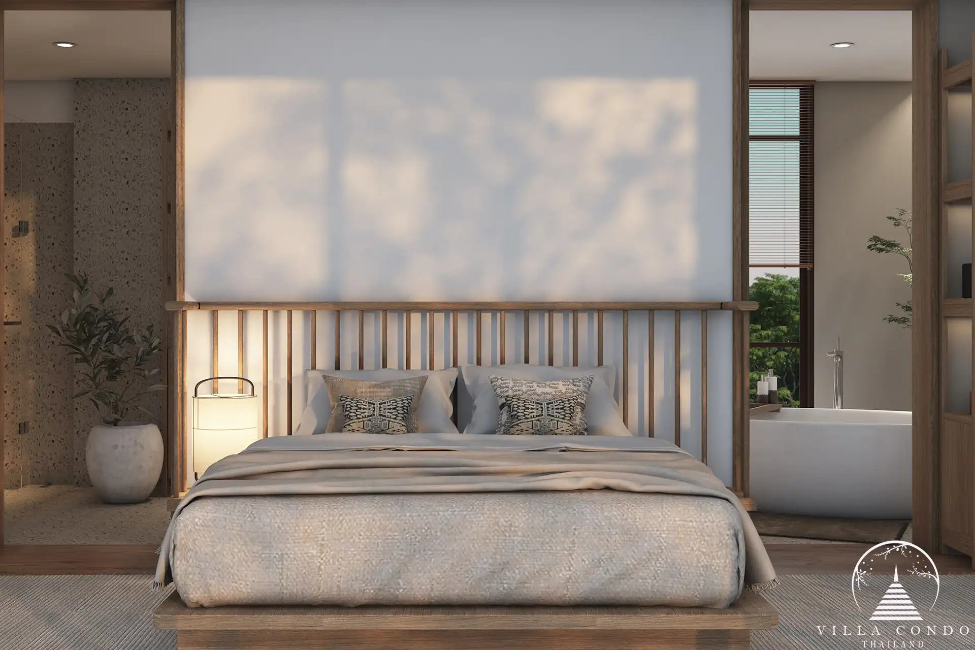 Luxurious master bedroom at Villa Qabalah with panoramic nature views.