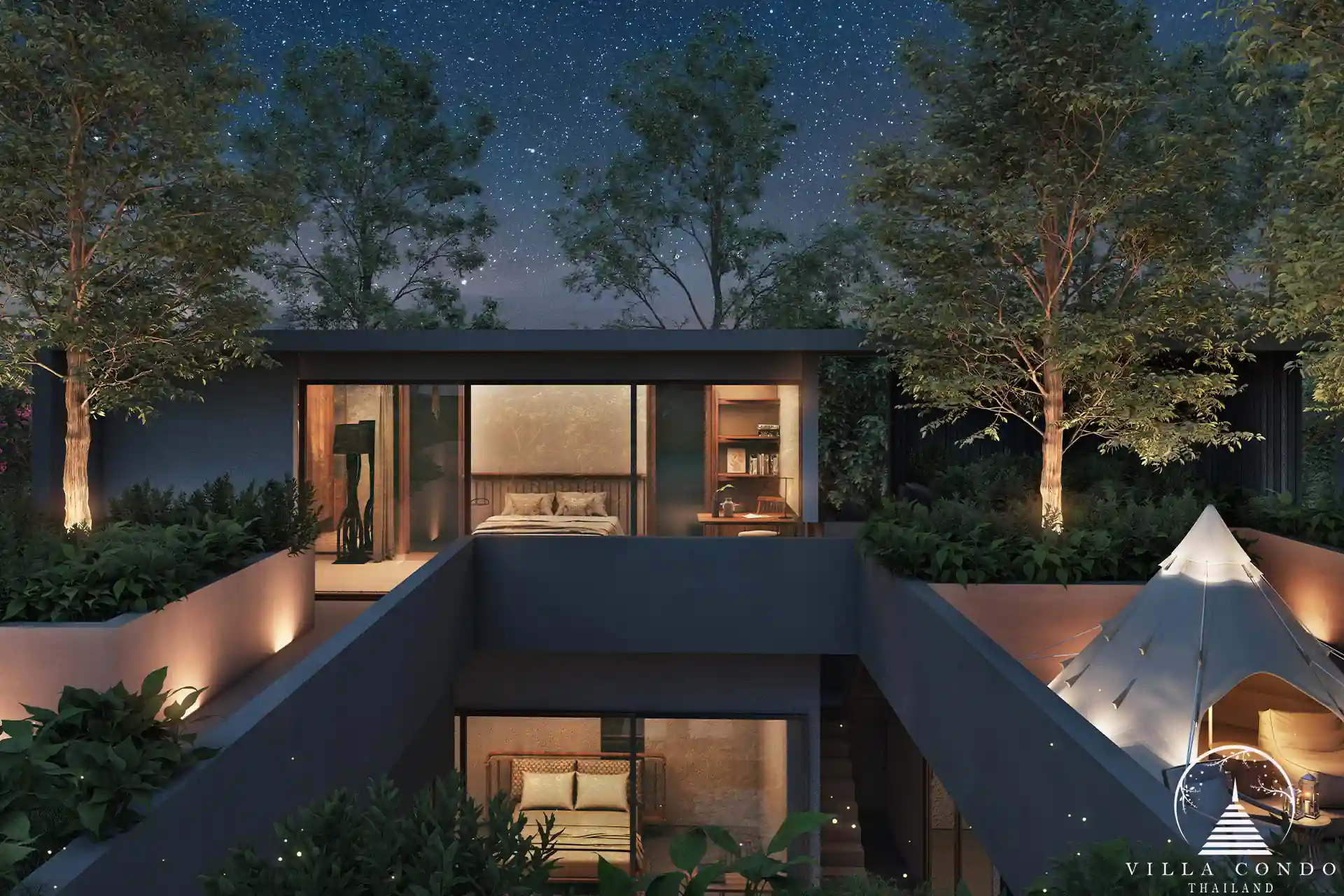 Villa Qabalah exterior illuminated at night, blending with nature.