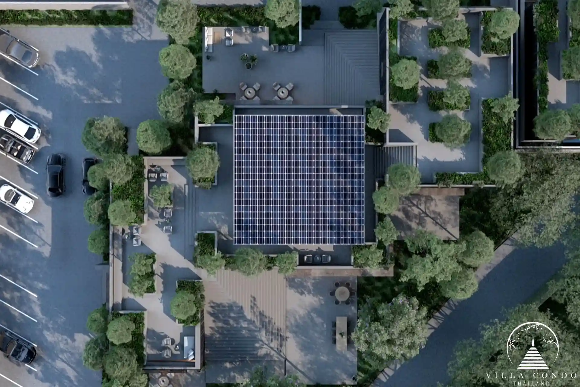 Aerial daytime view of Villa Qabalah, nestled in the middle of a lush green landscape.