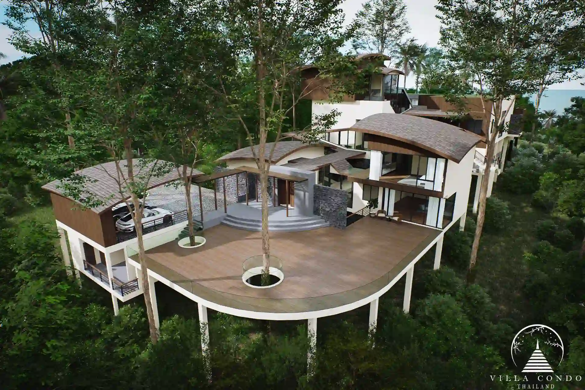 Sinae Residence exterior view showcasing modern design and lush surroundings.