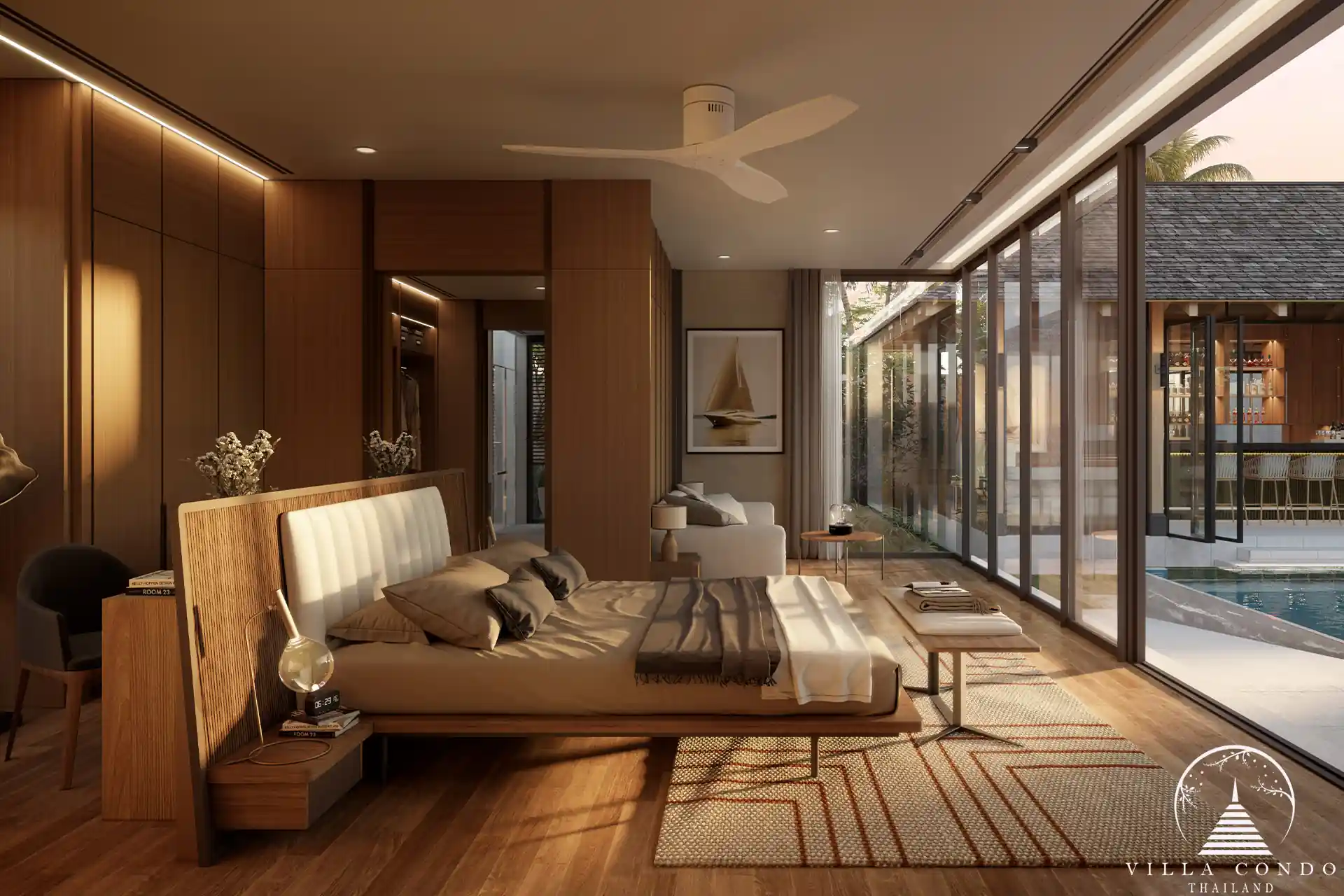Master bedroom at Stella Estate with panoramic views and relaxation areas