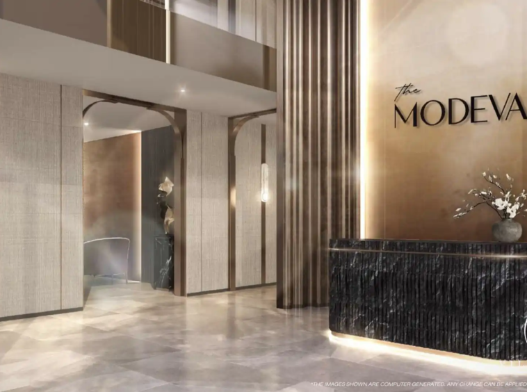 The Modeva entrance with grand architectural design.