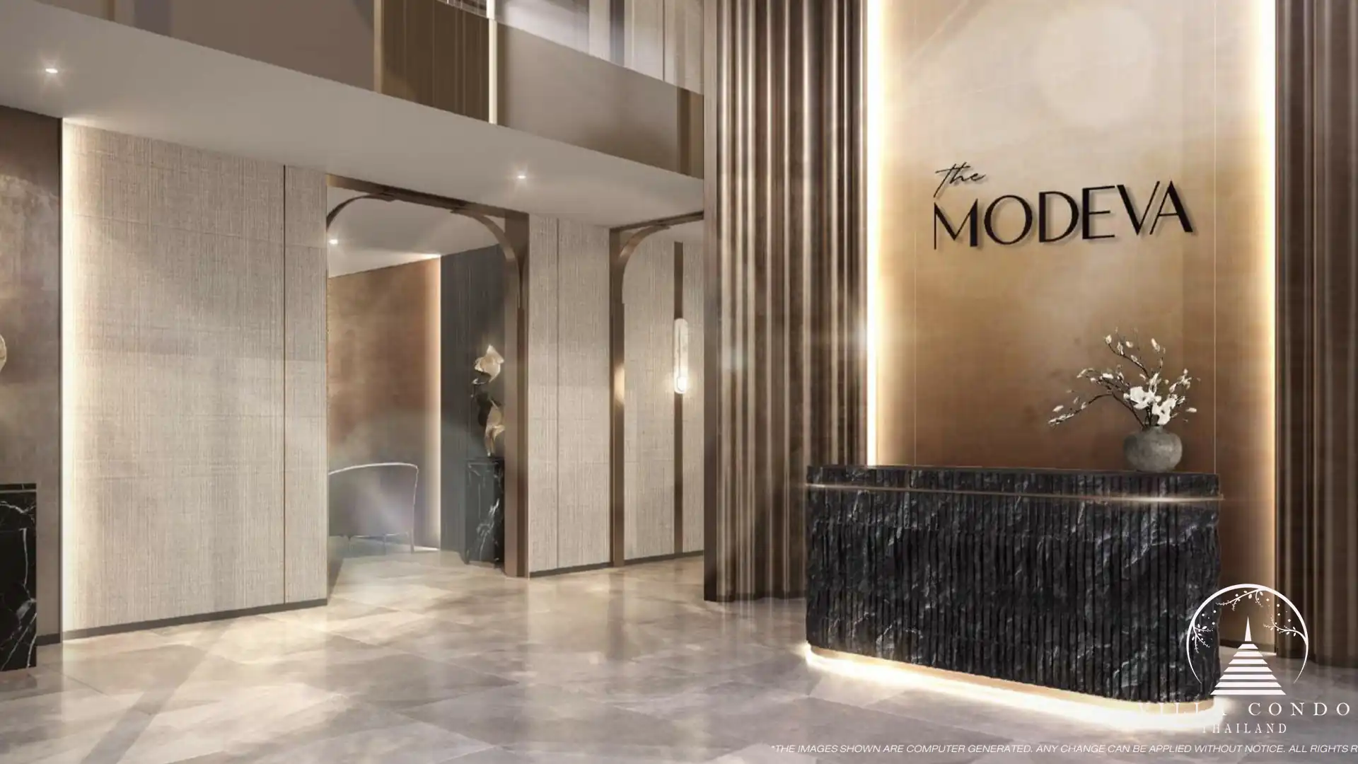 The Modeva entrance with grand architectural design.