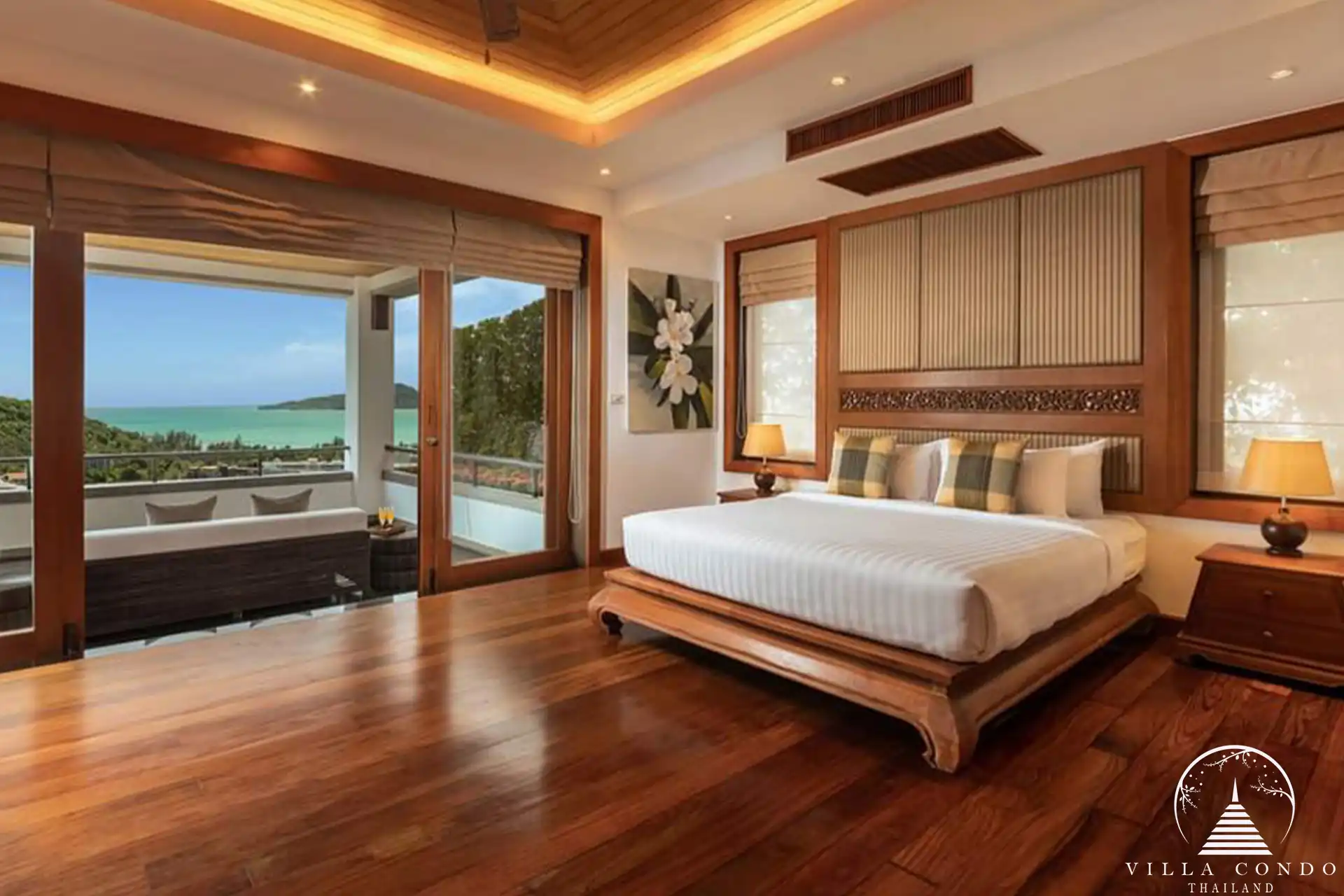 Second bedroom at Villa Yang Som with luxurious bedding and stunning sea views