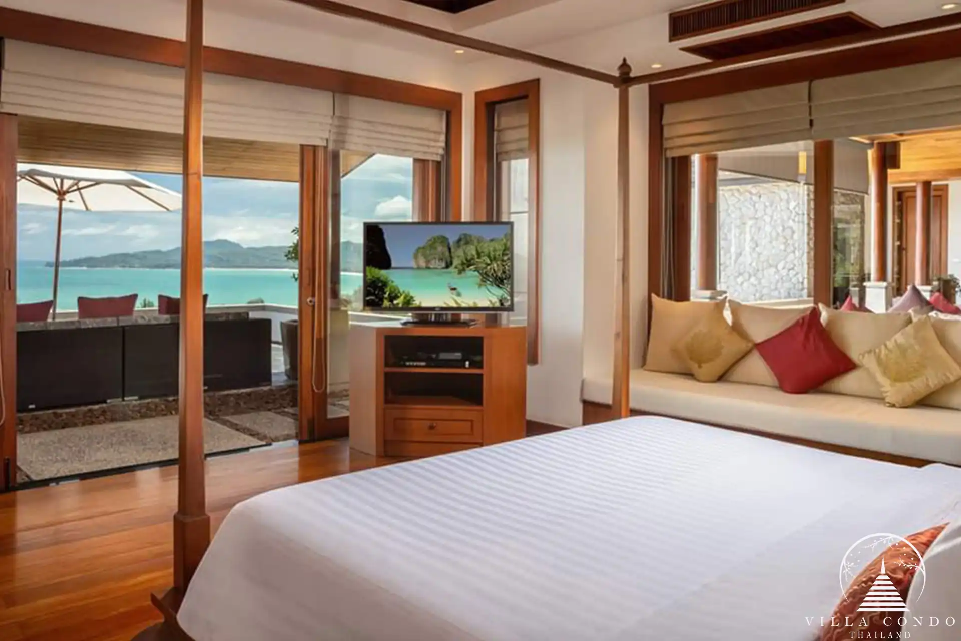 Second bedroom at Villa Yang Som with luxurious bedding and stunning sea views
