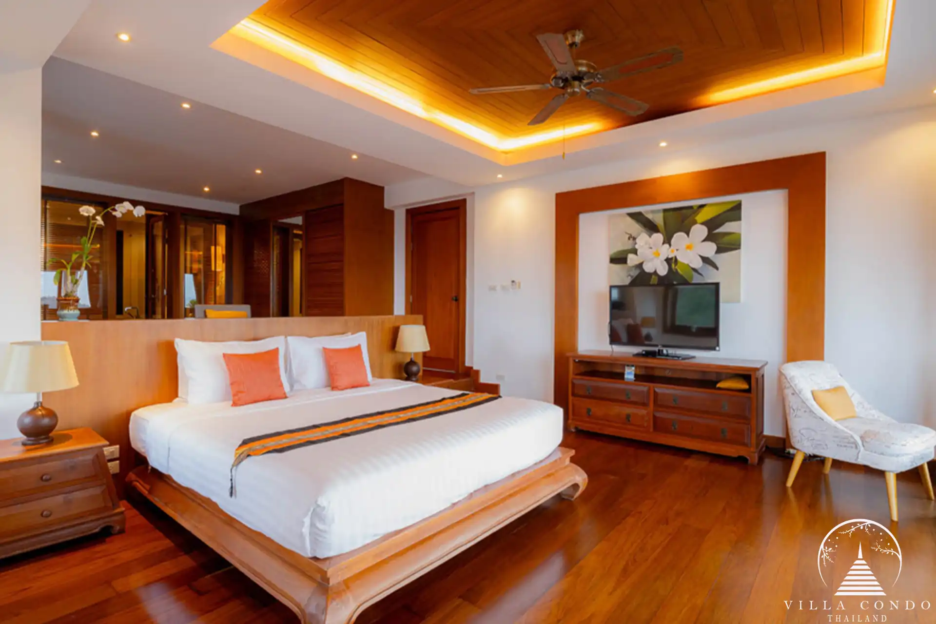 Elegant guest bedroom at Villa Yang Som with ocean views and private balcony