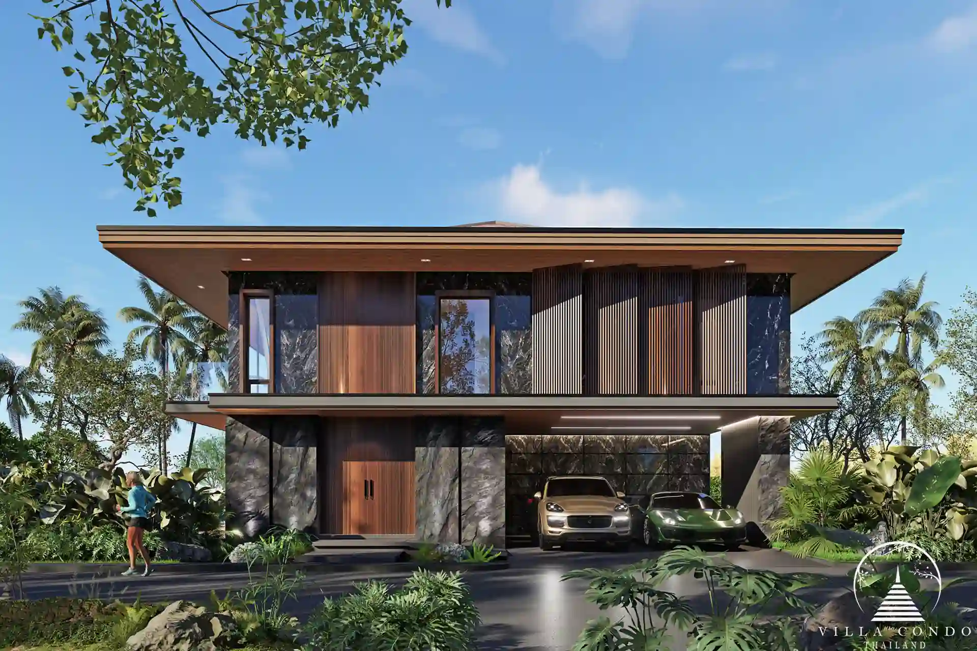 Stunning black stone exterior facade of Aqua Plus Villa