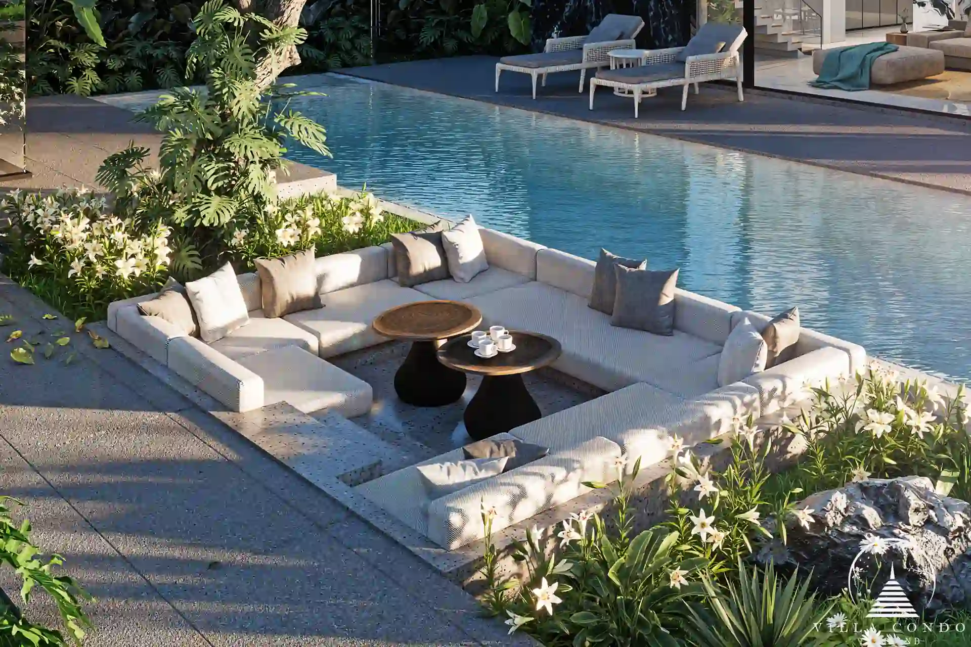 Aqua Plus Villa’s private pool featuring an elegant sunken sofa