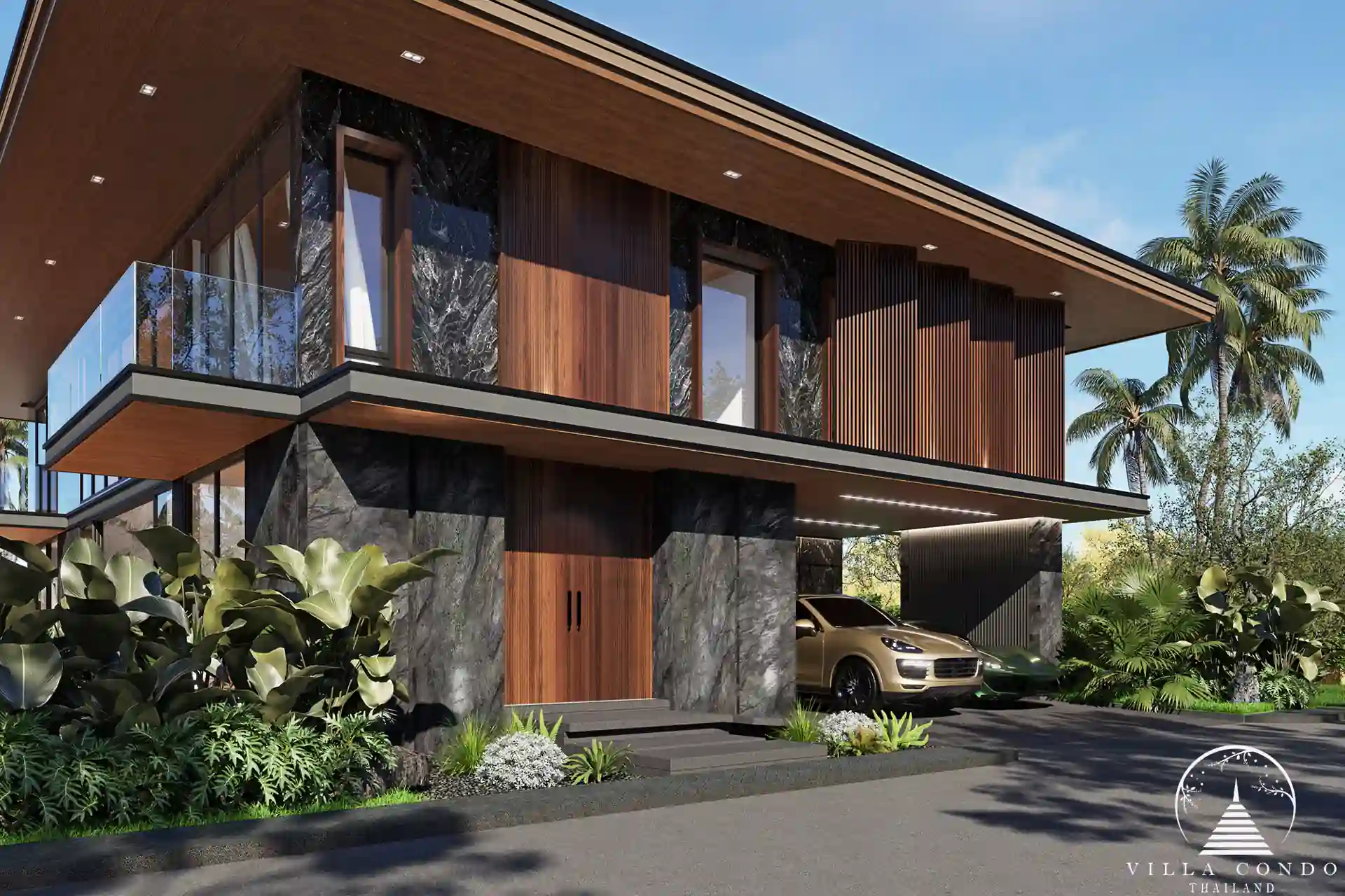Stunning black stone exterior facade of Aqua Plus Villa