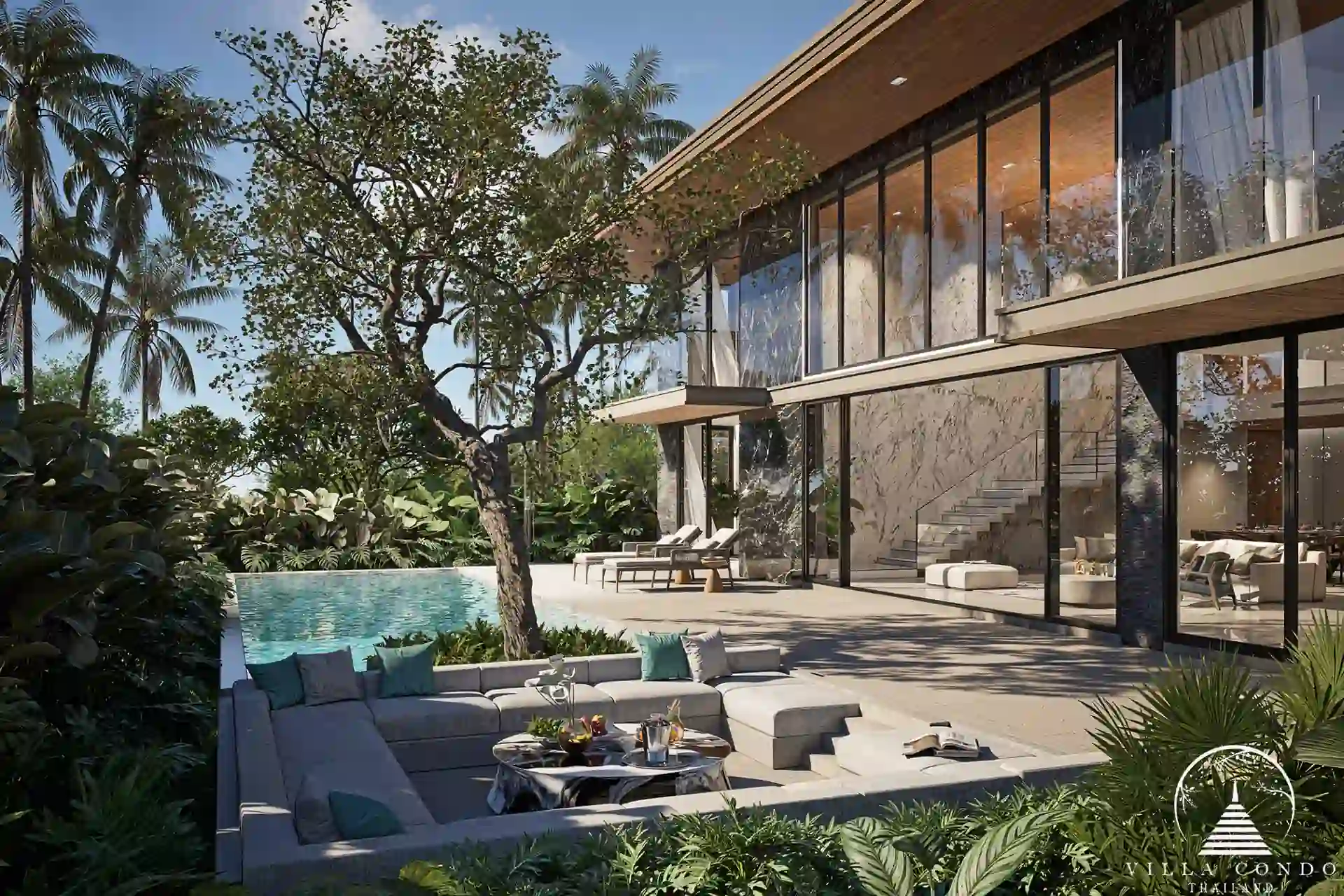Aqua Plus Villa’s private pool featuring an elegant sunken sofa