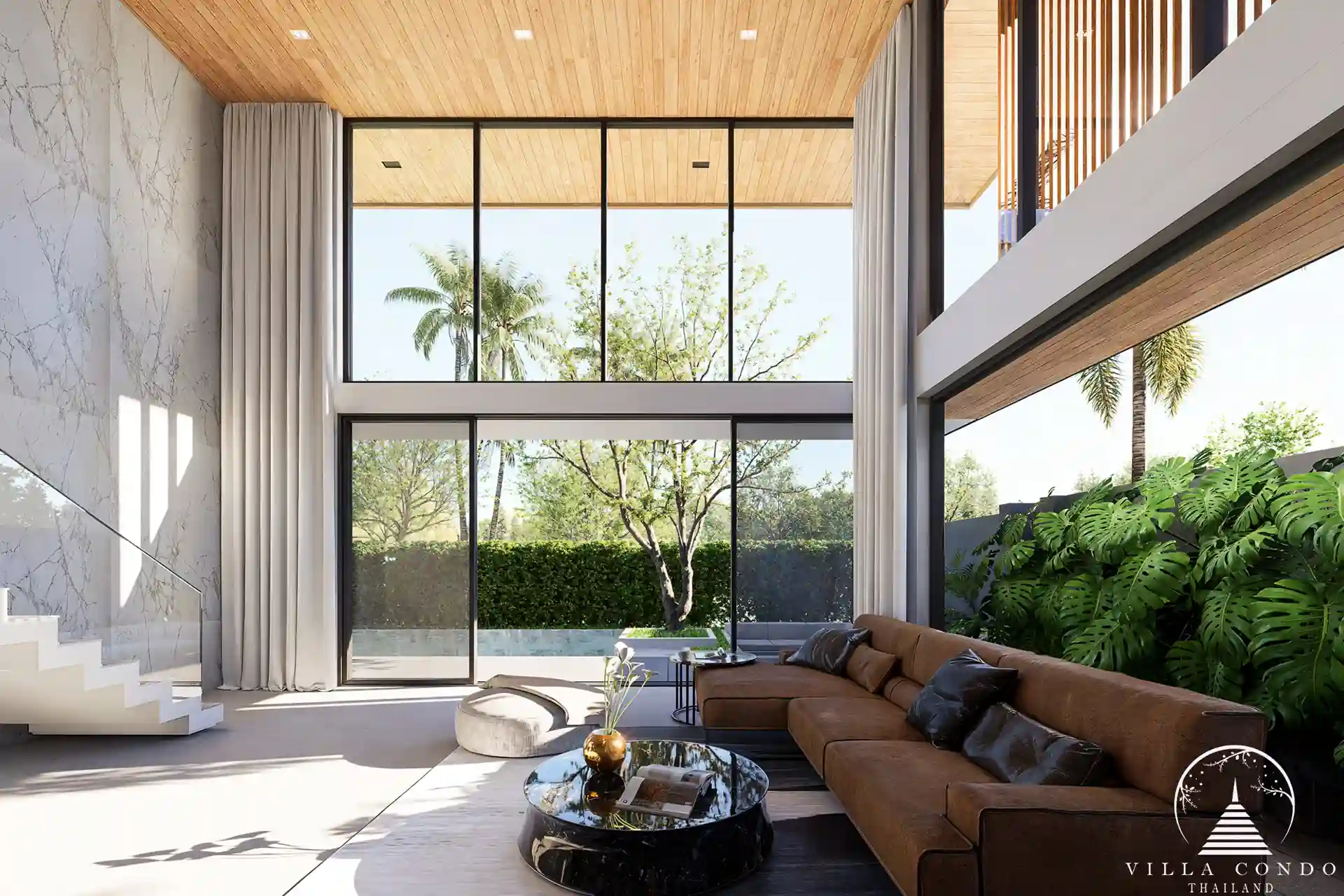 Elegant living area at Aqua Plus Villa overlooking private pool